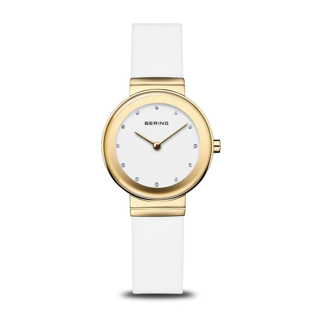 BERING Small Classic Gold Studded Face White Silicon Watch