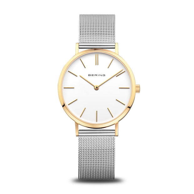 BERING Two-Tone White Face Mesh Band Watch