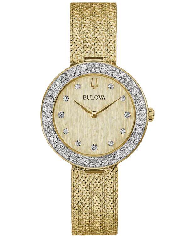 BULOVA Crystal Stainless Steel Mesh Watch in Yellow Gold