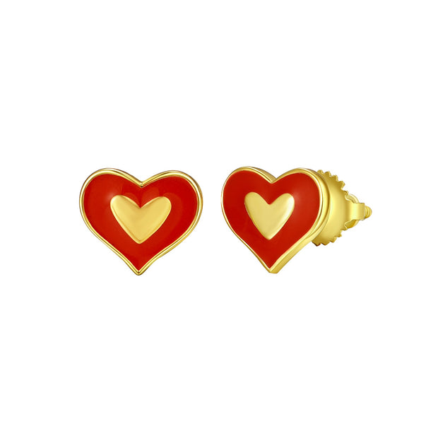 Red Enamel & Gold Polished Heart Screw Studs