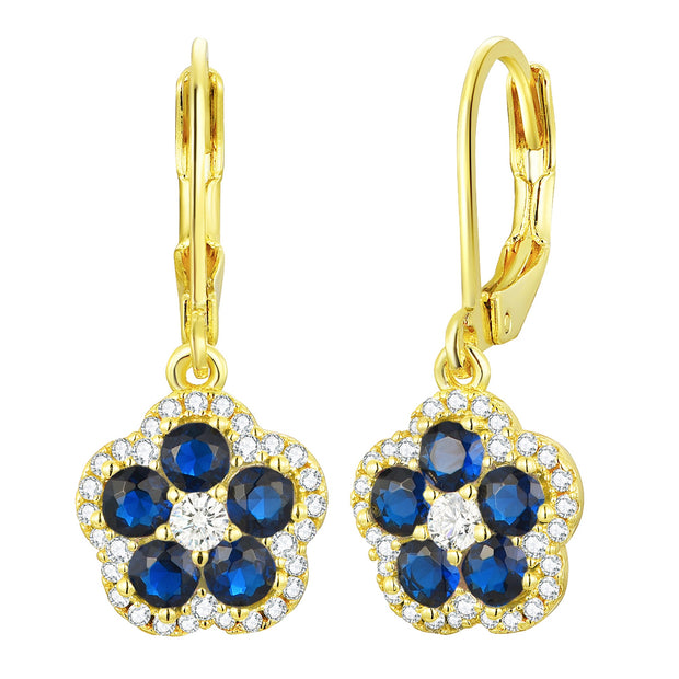 Sapphire & CZ Flower Drop Lever Earrings