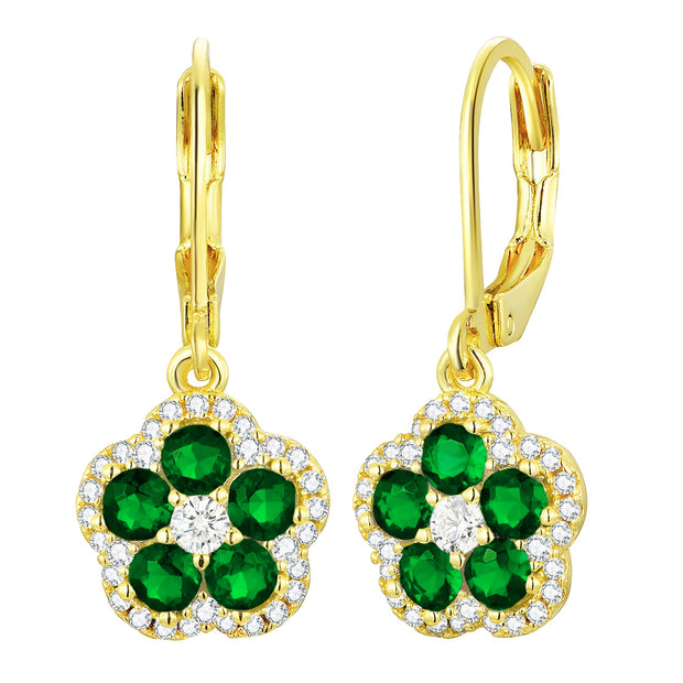 Emerald & CZ Flower Drop Lever Earrings