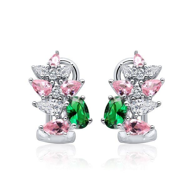 Green, Pink & CZ Floral Cluster Studs in White Gold