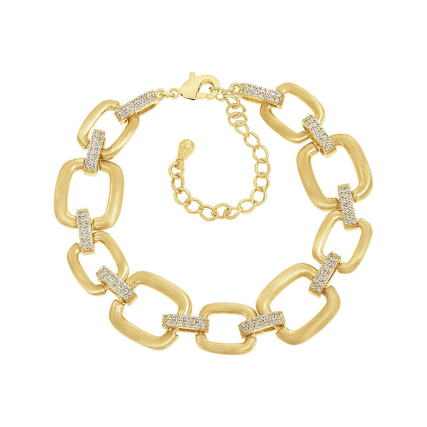 Matte & CZ Square Link Bracelet in Yellow Gold