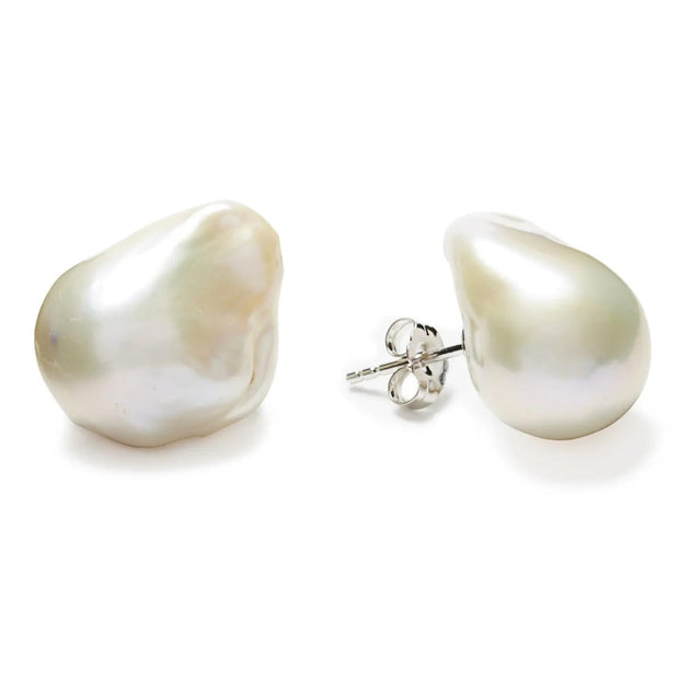 Genuine White Baroque Pearl Stud Earrings