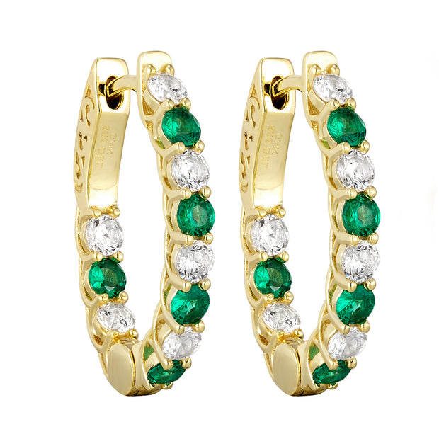25MM CZ & Emerald Lined Hoops In Yellow Gold