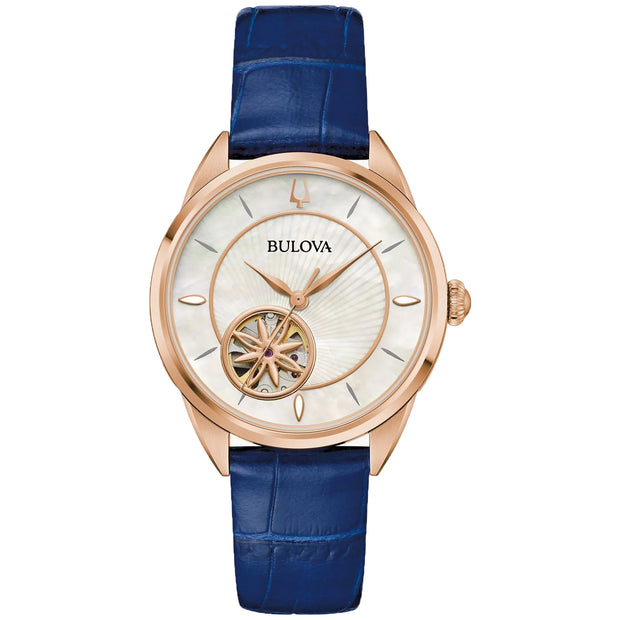 BULOVA White Dial Blue Leather Strap Automatic Watch