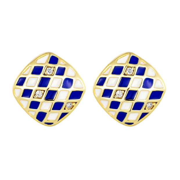 Blue & White Checked Enamel Studs in Yellow Gold