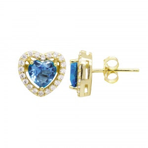 Lt Blue Halo CZ Heart Studs in Yellow Gold
