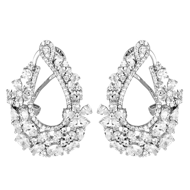 Flower Design Cz "J" Earring in White Gold