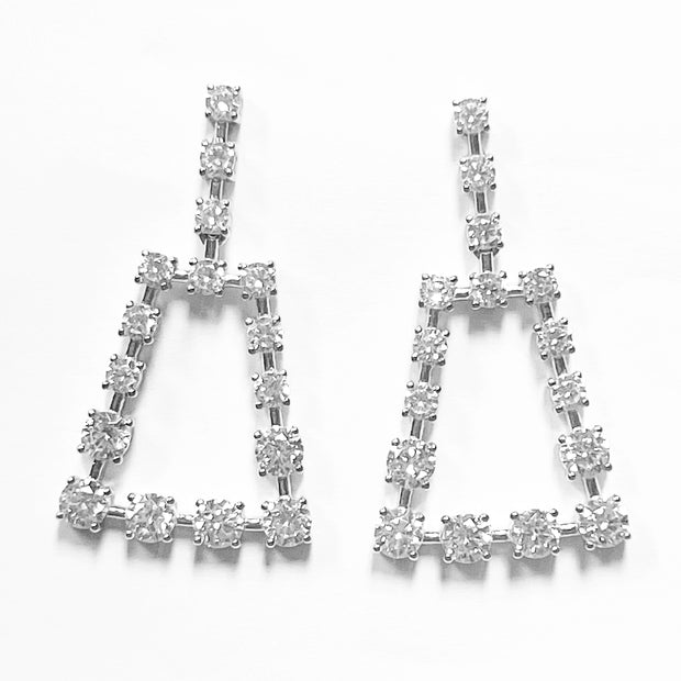 CZ & Bar Design Open Geometric Drop Earrings in White Gold