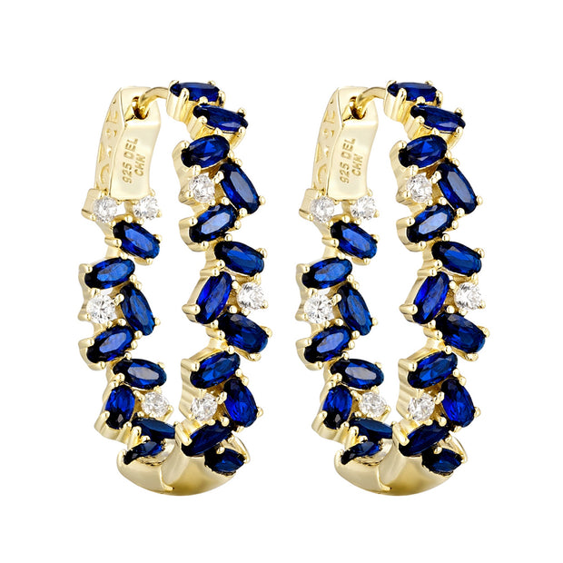 28mm Sapphire & Cz Hoop Earring in Yellow Gold