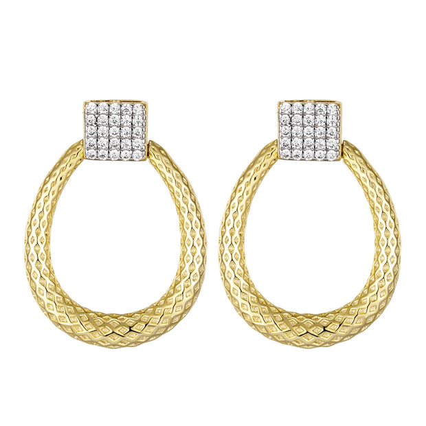 Square CZ Textured Open Oval Drop Earrings