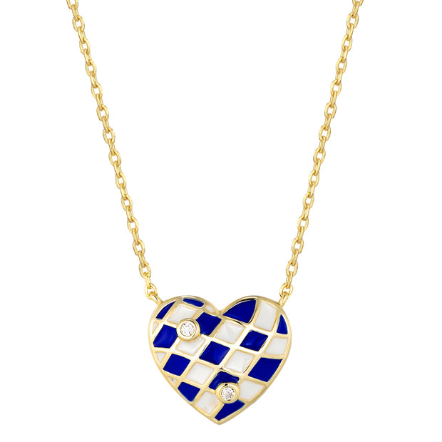 Blue & White Checked Enamel Heart Pendant in Yellow Gold
