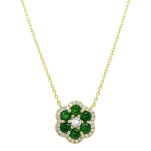 Emerald & CZ Flower Pendant Necklace in Yellow Gold