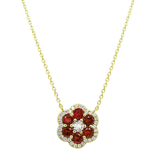 Ruby & CZ Flower Pendant Necklace in Yellow Gold