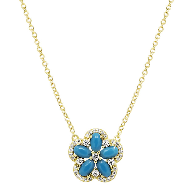 Five Petal Turquoise Halo Flower Pendant in Yellow Gold