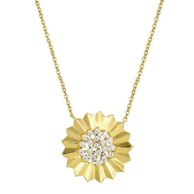 Pleated Gold Border with Cz Center Necklace in Yellow Gold