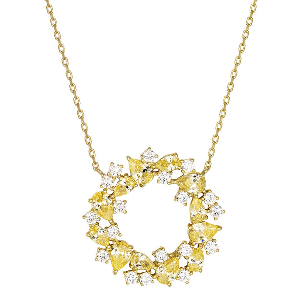 Canary Teardrop & CZ Cluster Style Open Circle Pendant in Yellow Gold