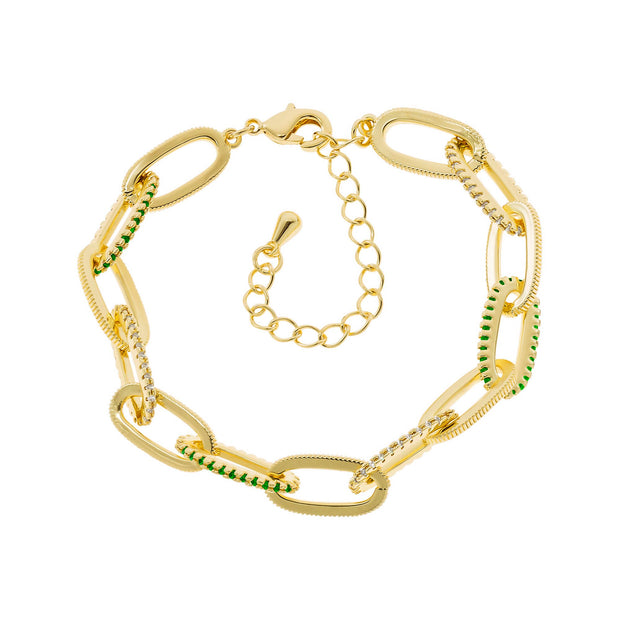 Ribbed & Green CZ Link Bracelet in Yellow Gold