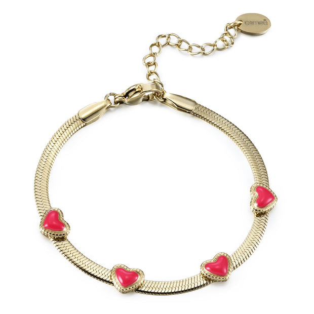 Fuchsia Enamel Puffed Hearts on Snake Chain Bracelet