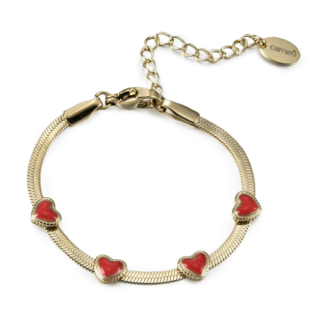 Red Enamel Puffed Hearts on Snake Chain Bracelet