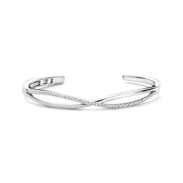 Polished & CZ Crossed Bangle in White Gold – Sparkles Jewelry