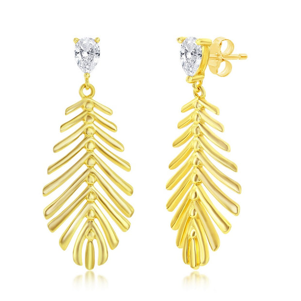 Polished Cut-Out Leaf Small Pear CZ Dangle Earrings in Yellow Gold