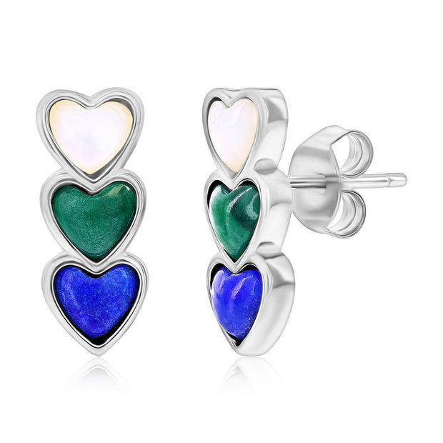 MOP, Lapis & Malachite Triple Linear Heart Earrings