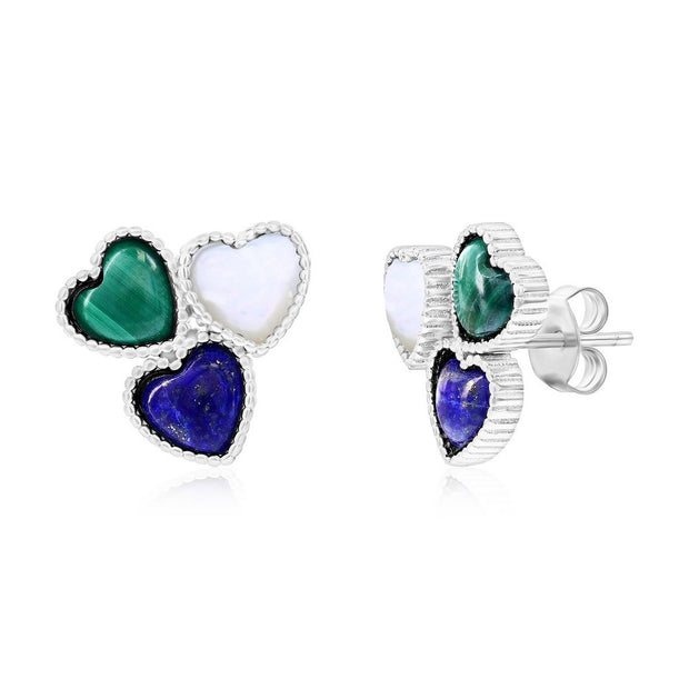 MOP, Lapis & Malachite Triple Cluster Heart Studs Earrings