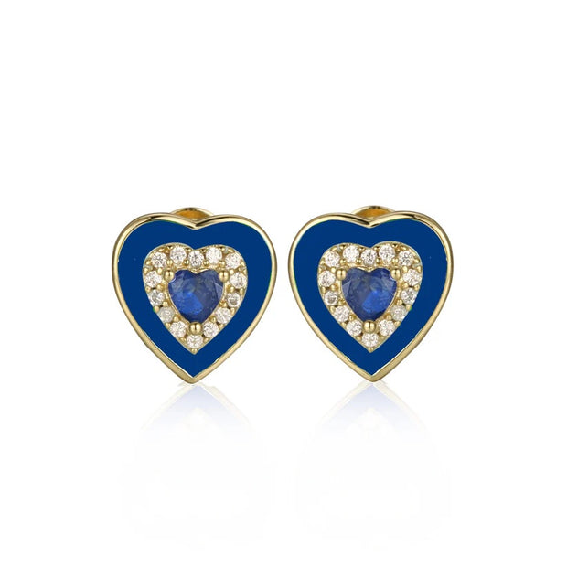 Enamel & CZ Border Heart Studs in Blue