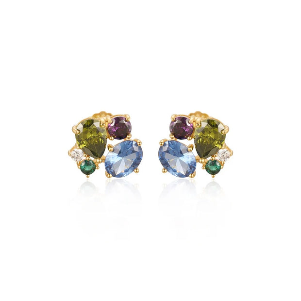 Multi-Shaped & Colorful Cluster Stud in Yellow Gold
