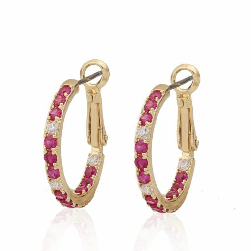 Large Thin Pink CZ Hoop Earring in Yellow Gold