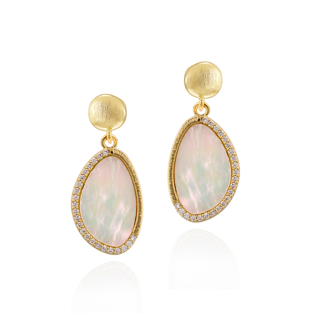 Half CZ Mother of Pearl Teardrop Brushed Circle Top in Yellow Gold