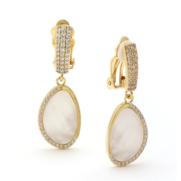 Half CZ Mother of Pearl Teardrop CZ Clip-On Earring in Yellow Gold