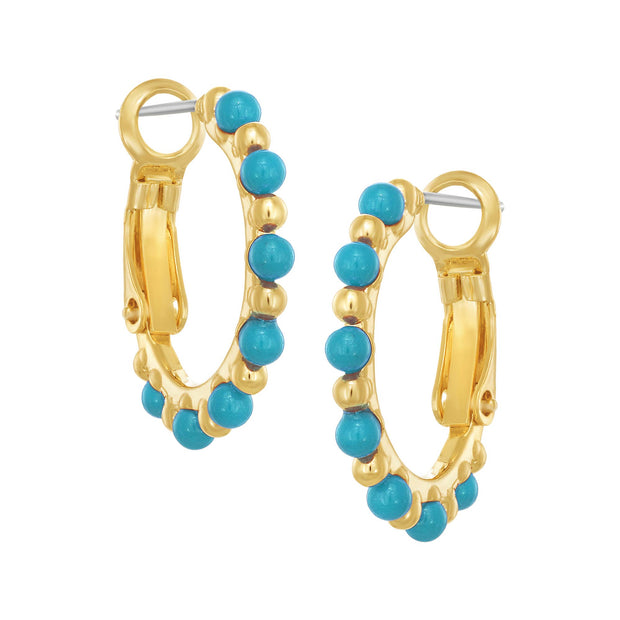 Turquoise Pearls & Gold Balls Medium Round Hoops