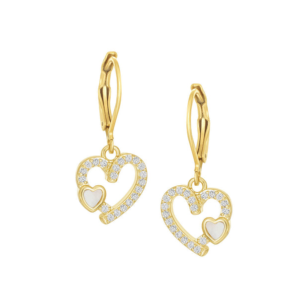 Mother of Pearl Inset CZ Outline Hearts Lever Earrings