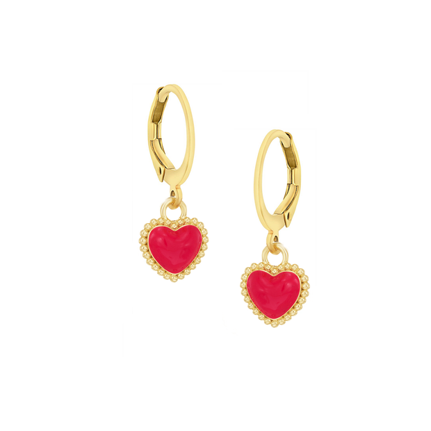 Medium Enamel Fuchsia Puffed Heart Round Lever Earring