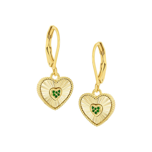 Pleated Fan Emerald CZ Heart Drop Lever Earring