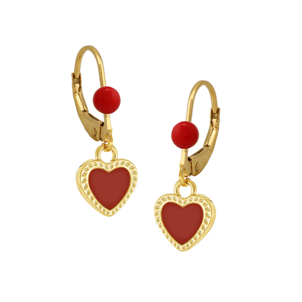 Grooved Small Red Heart Red button Leverback Earrings