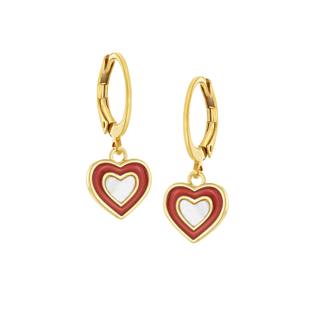 Medium Red Enamel Mother of Pearl Heart Round Lever Earrings