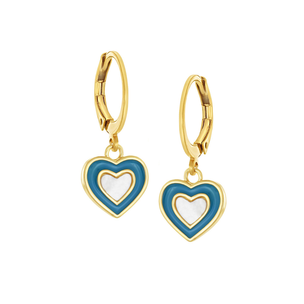 Medium Blue Enamel Mother of Pearl Heart Round Lever Earrings