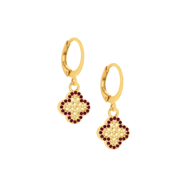 Small Red CZ Honeycomb Clover Lever Earrings