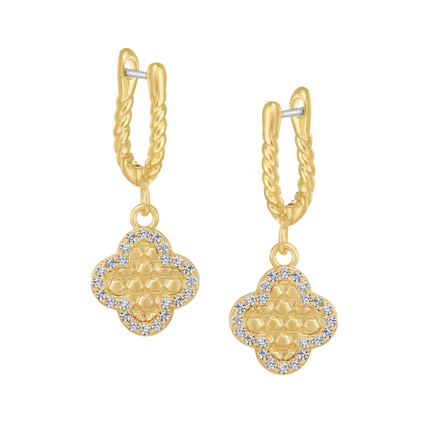 Medium CZ Honeycomb Clover Twisted U-Loop Earrings