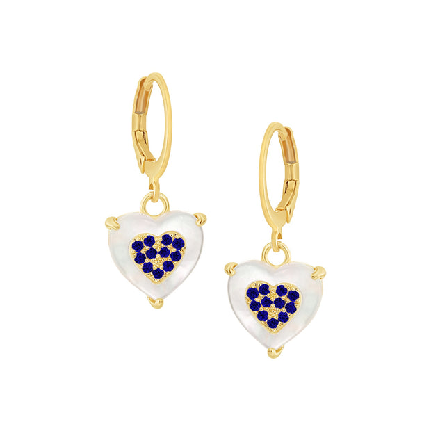 Small Blue CZ Filled MOP Heart Round Lever Earrings