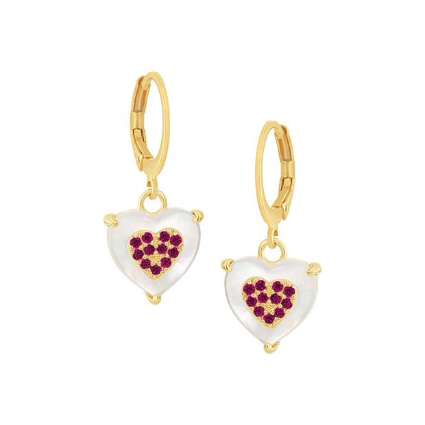 Small Fuchsia CZ Filled MOP Heart Round Lever Earrings