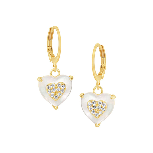 Small CZ Filled MOP Heart Round Lever Earrings