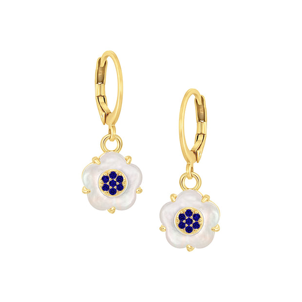 Small Blue CZ Filled MOP Flower Round Lever Earrings