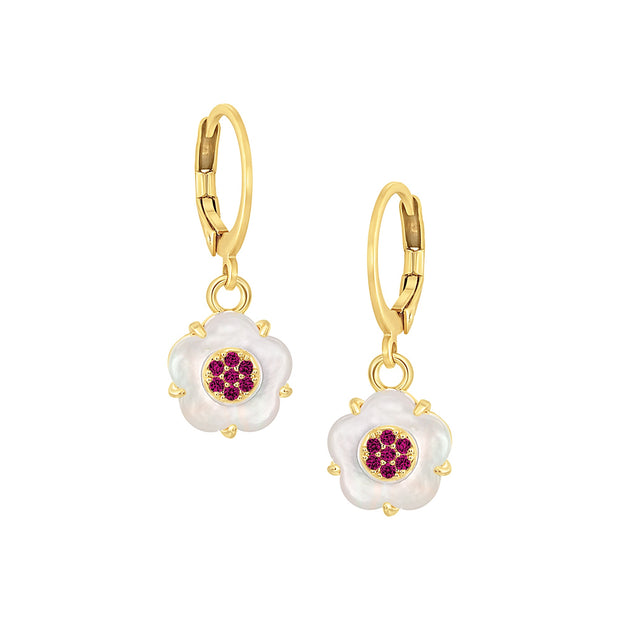 Small Fuchsia CZ Filled MOP Flower Round Lever Earrings