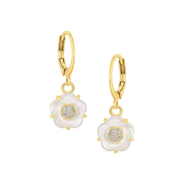 Small CZ Filled MOP Flower Round Lever Earrings